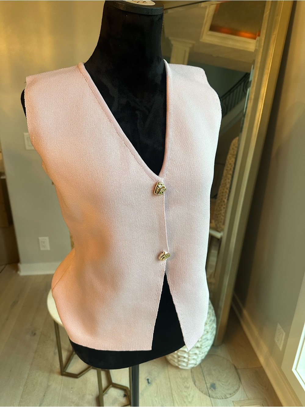 Petal & Pup Blush Pink Knit V-Neck Vest with Gold Accent